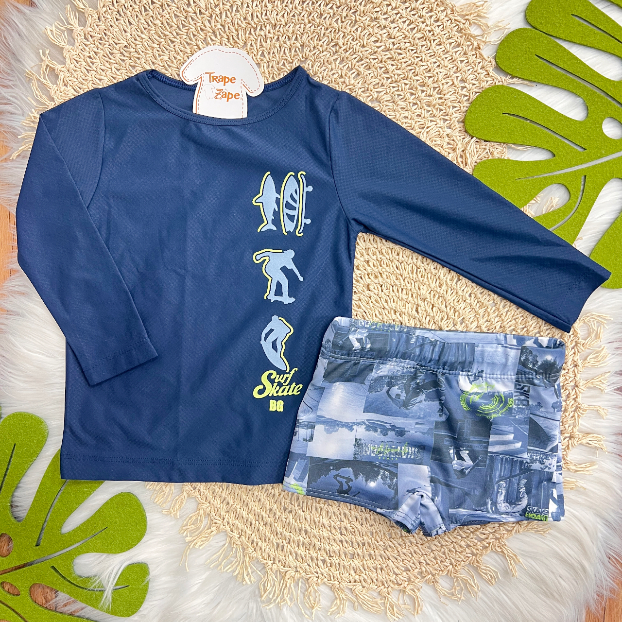 Linha Praia - Blusa Manga Longa Surf Skate e Sunga com Proteção UV50+ - Marinho